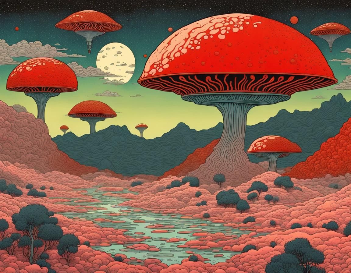Surreal Alien Landscape in Cel-Shading Gouache Style