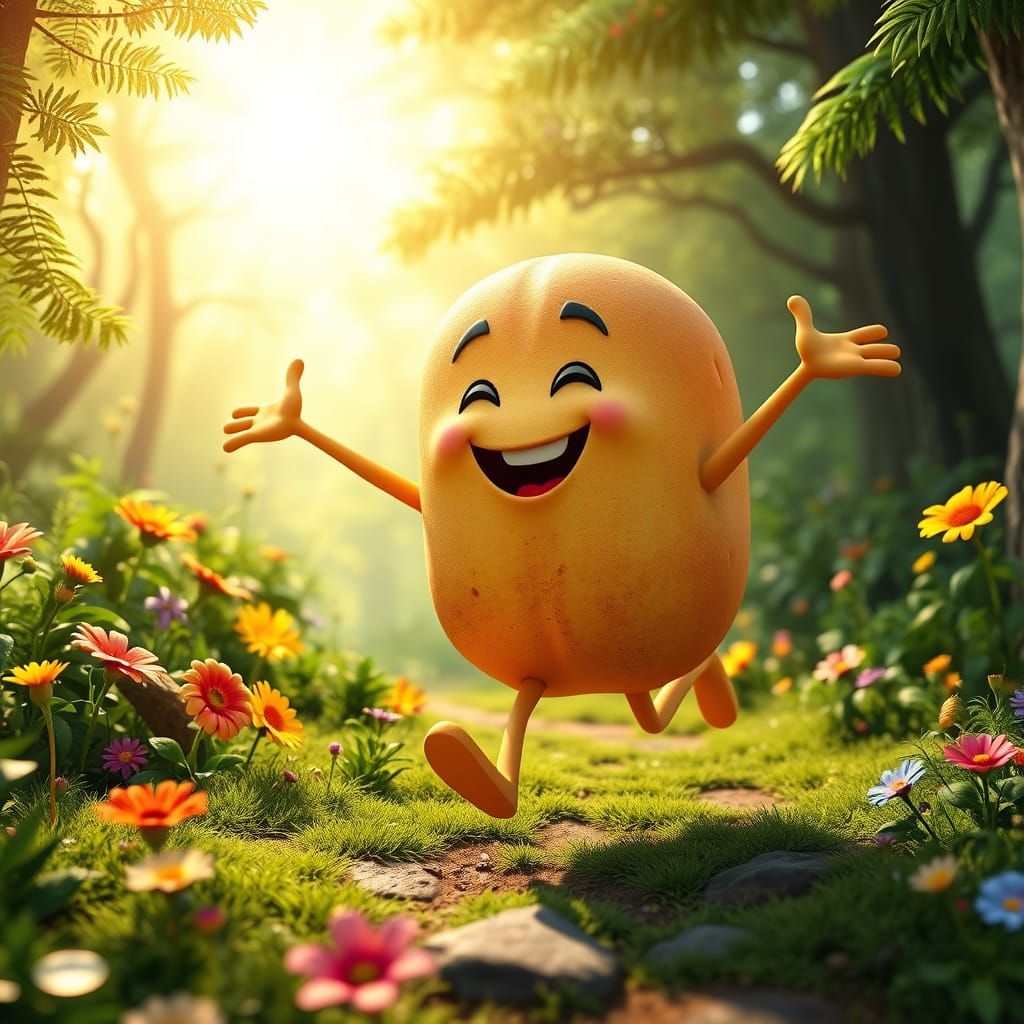 Whimsical Bread Character Runs Through Vibrant Forest