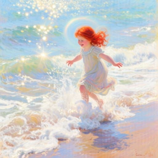 Girl Playing on Sunny Beach in Impressionist Style