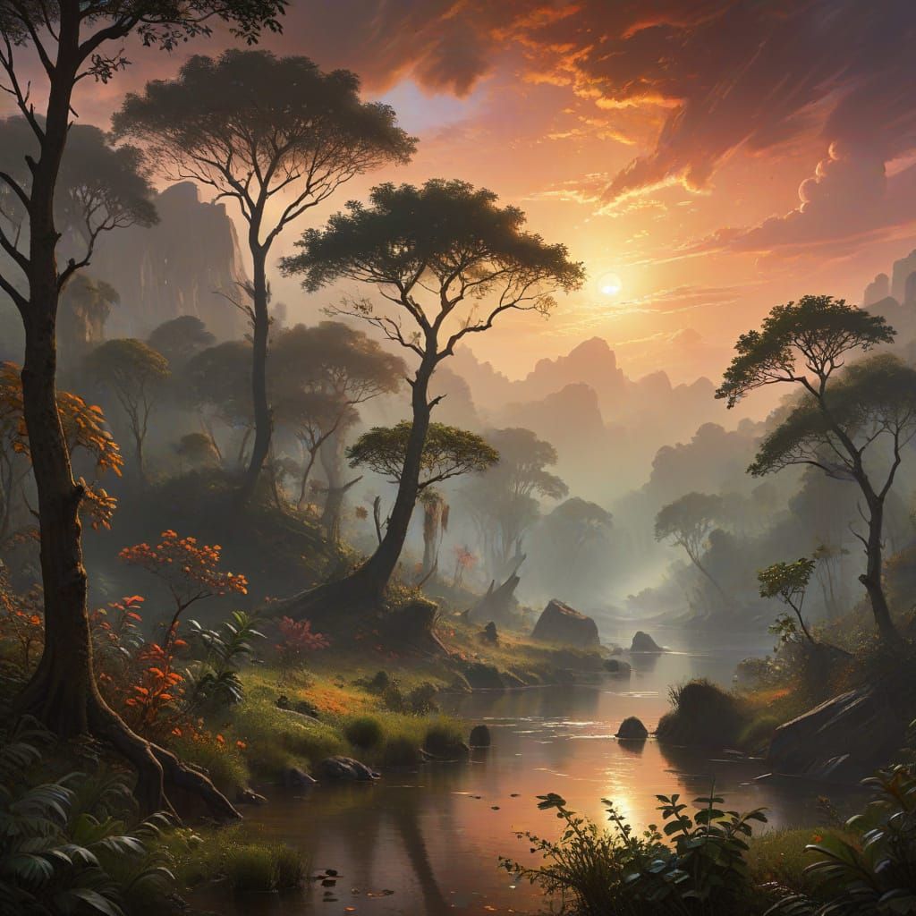 Serene 4K Jungle Landscape in Vibrant Sunset Colors