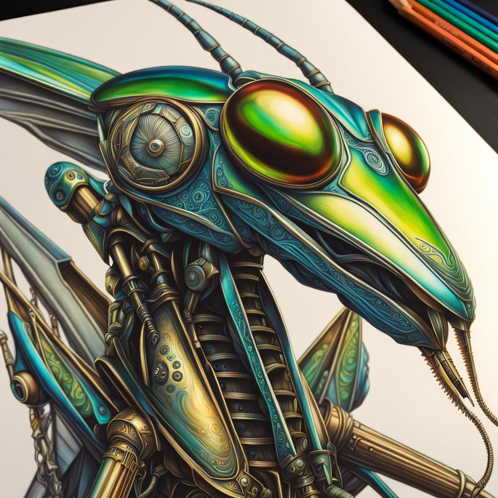 Steampunk Praying Mantis in Futuristic Pencil Art