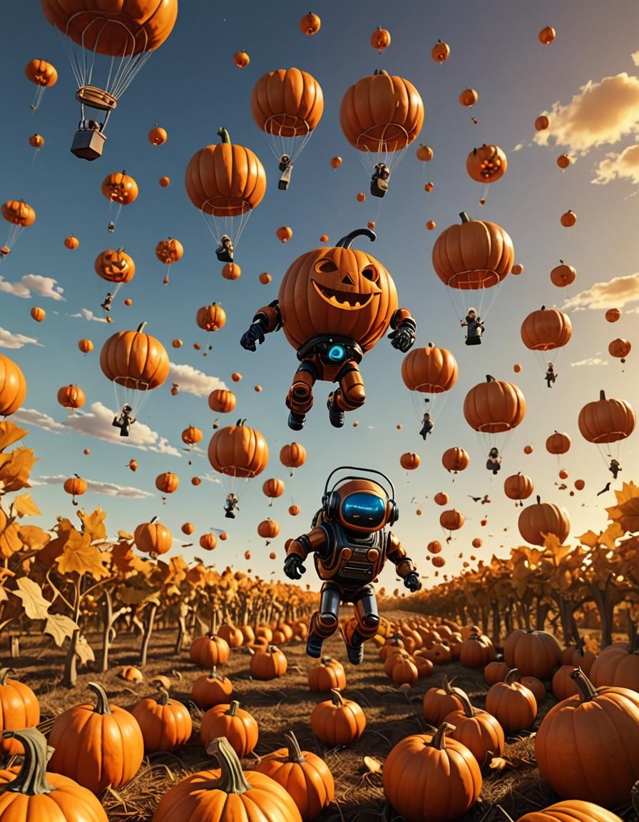 Pumpkin Robots Skydiving into Autumn Sunset: Photorealistic
