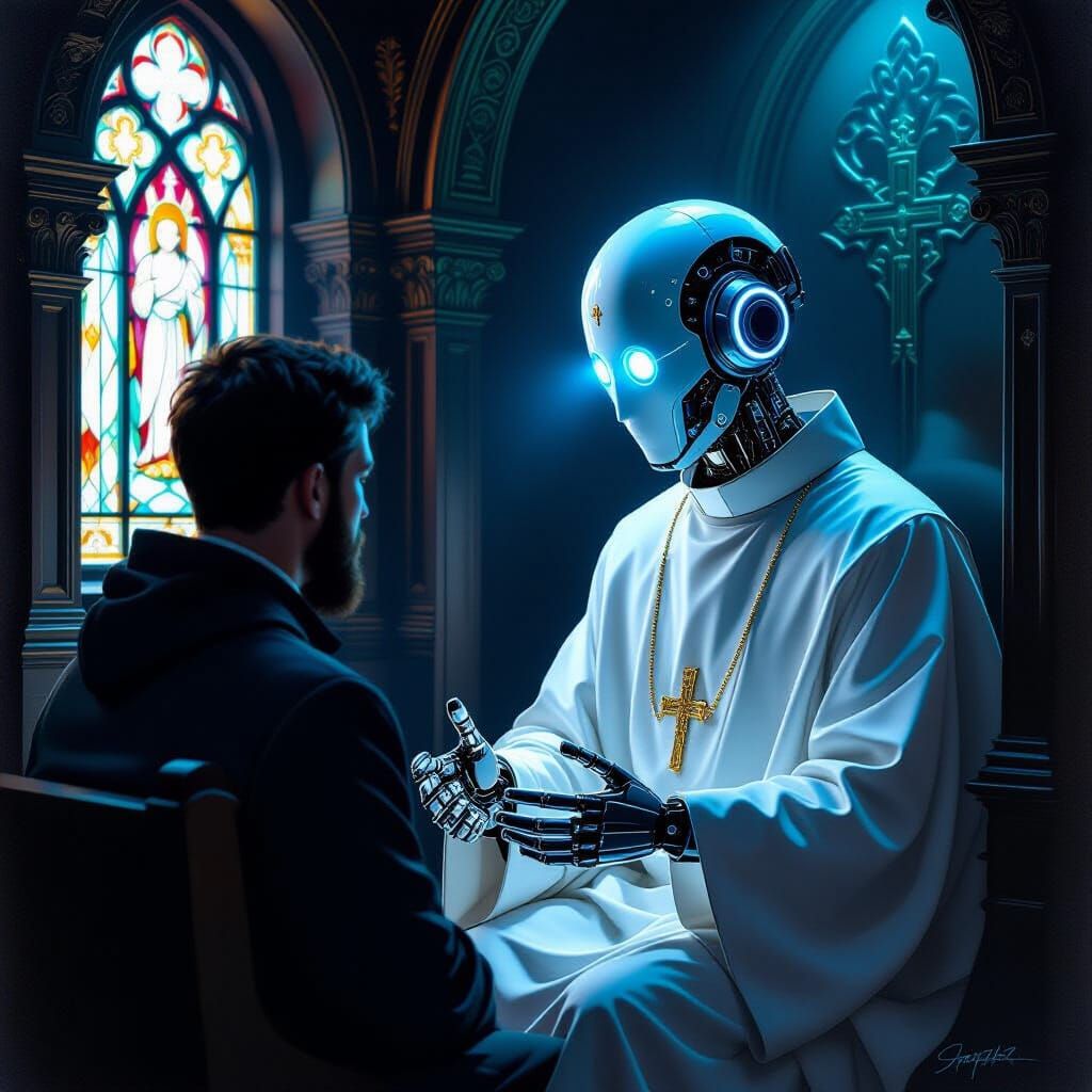 Robotic Priest Confesses Parishioner in Futuristic Booth