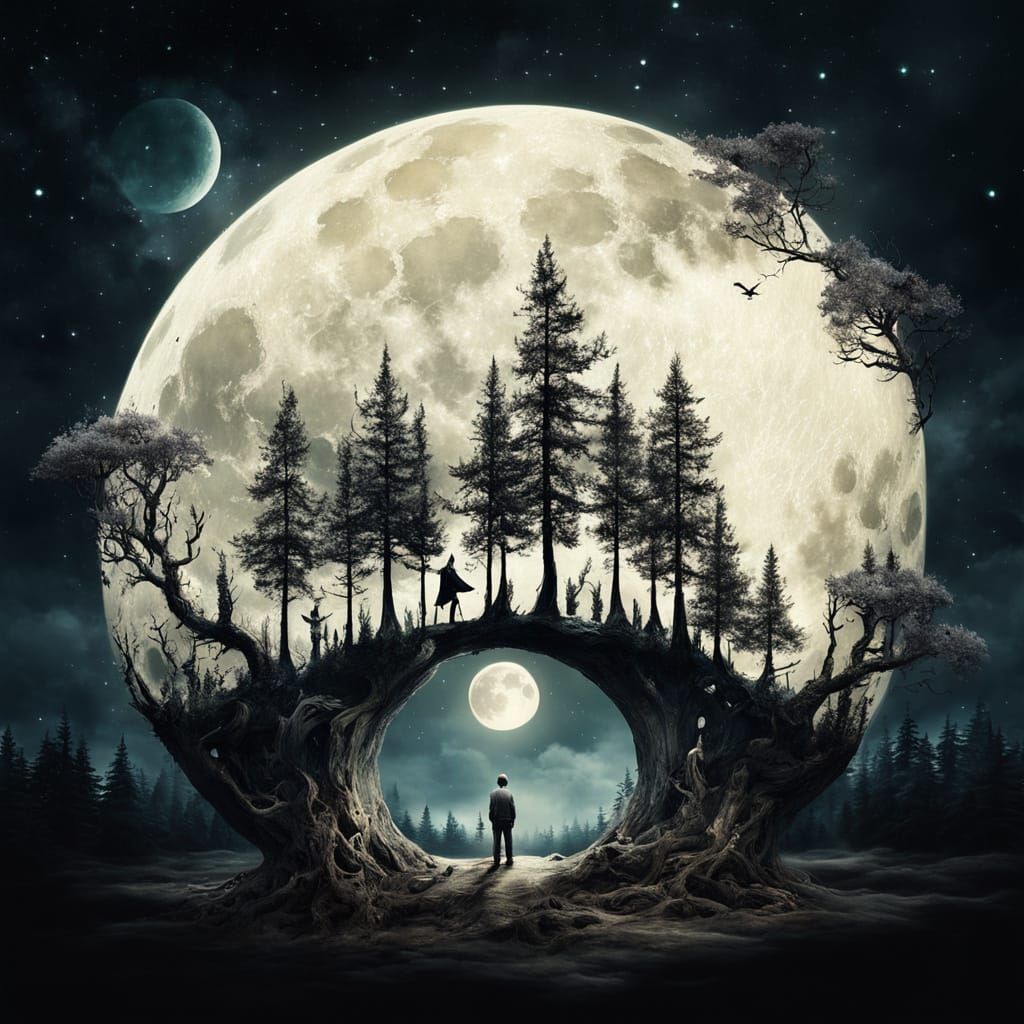 Surreal Double Exposure: Forest and Moon