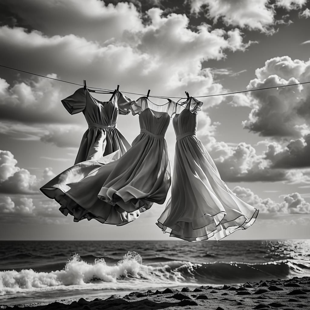 Waving Dresses Dance on Clothesline in Monochrome