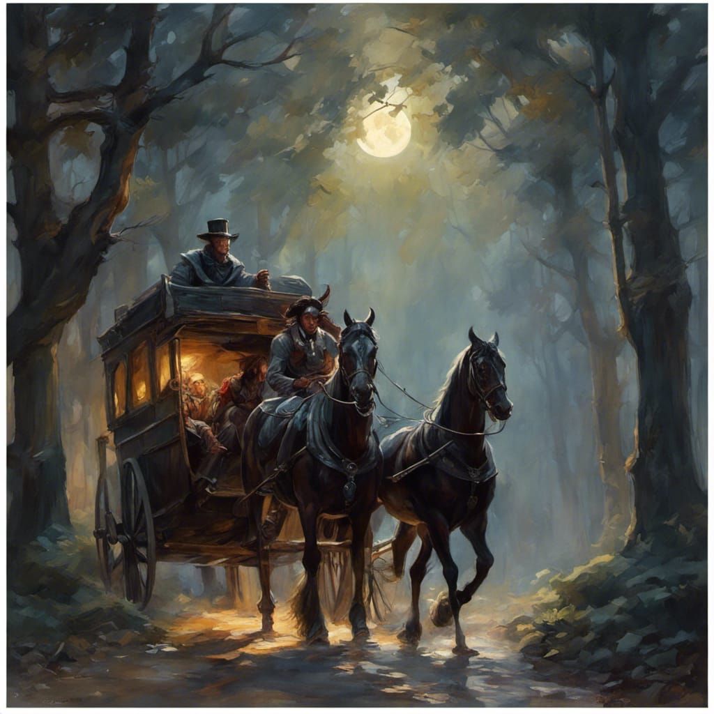 Highwayman Robbing Coach on Moonlit Night