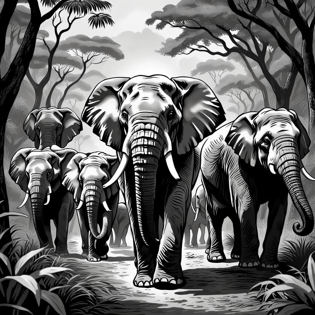 Elephant Family Marching in Jungle: Vintage Print