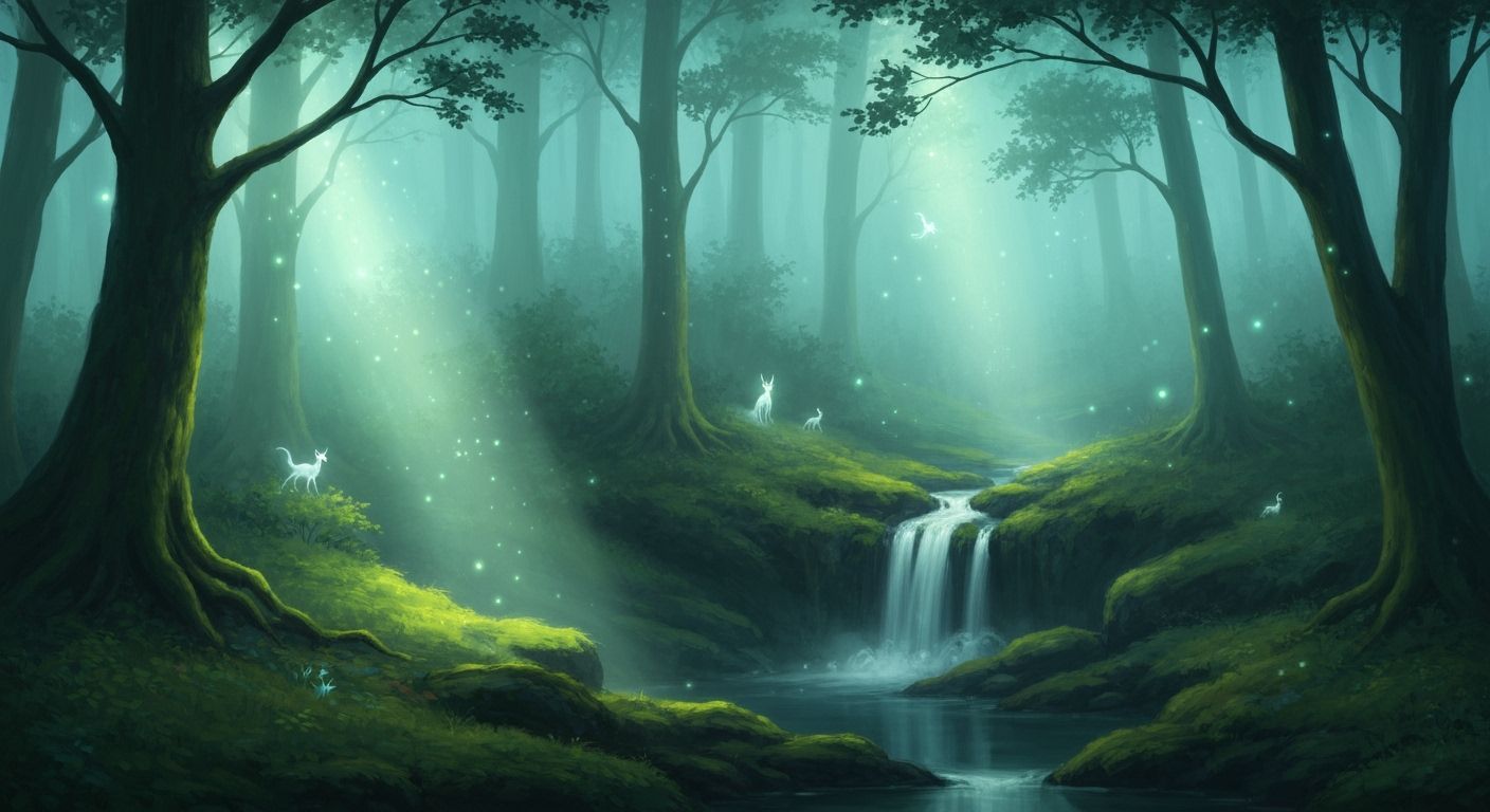 Enchanted Forest with Glowing Fog and Waterfall