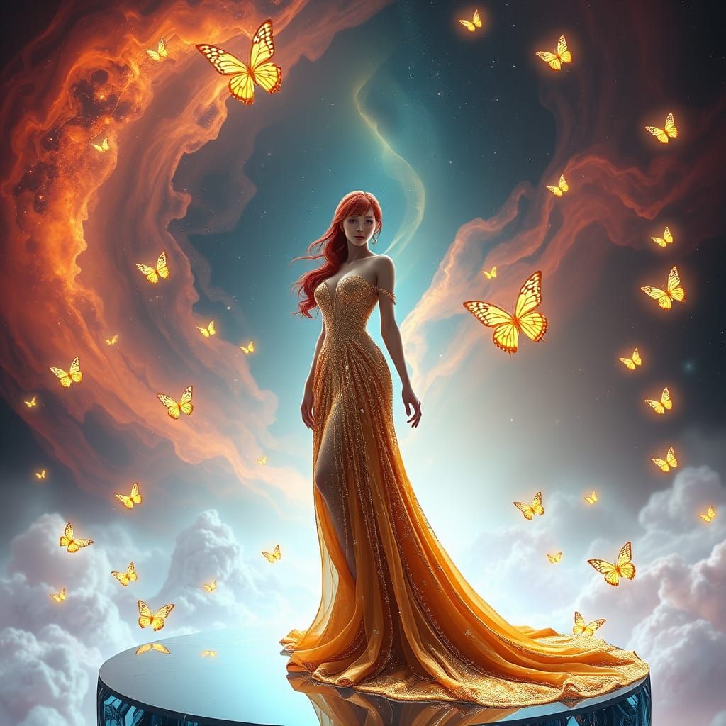 Redhead in Gold Gown Among Nebulae: 3D Anime Art