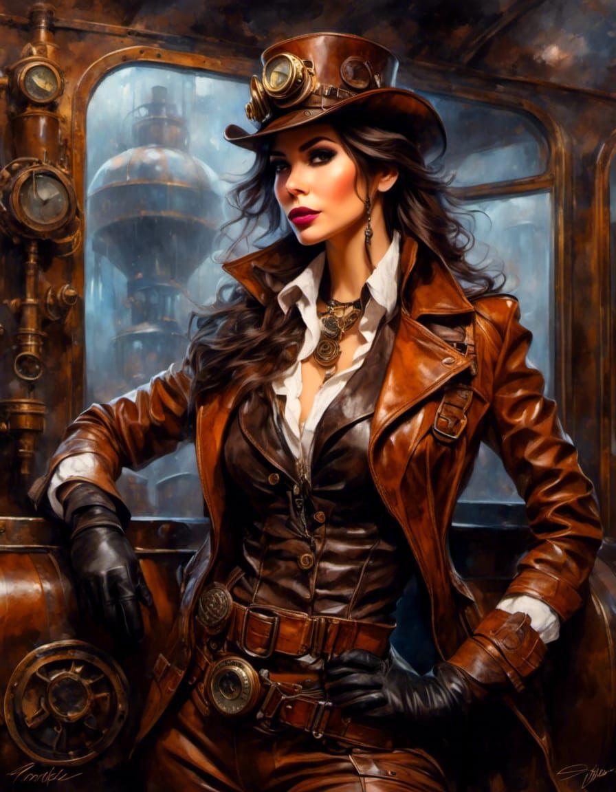 Steampunk Train Engineer Portrait in Gouache Style