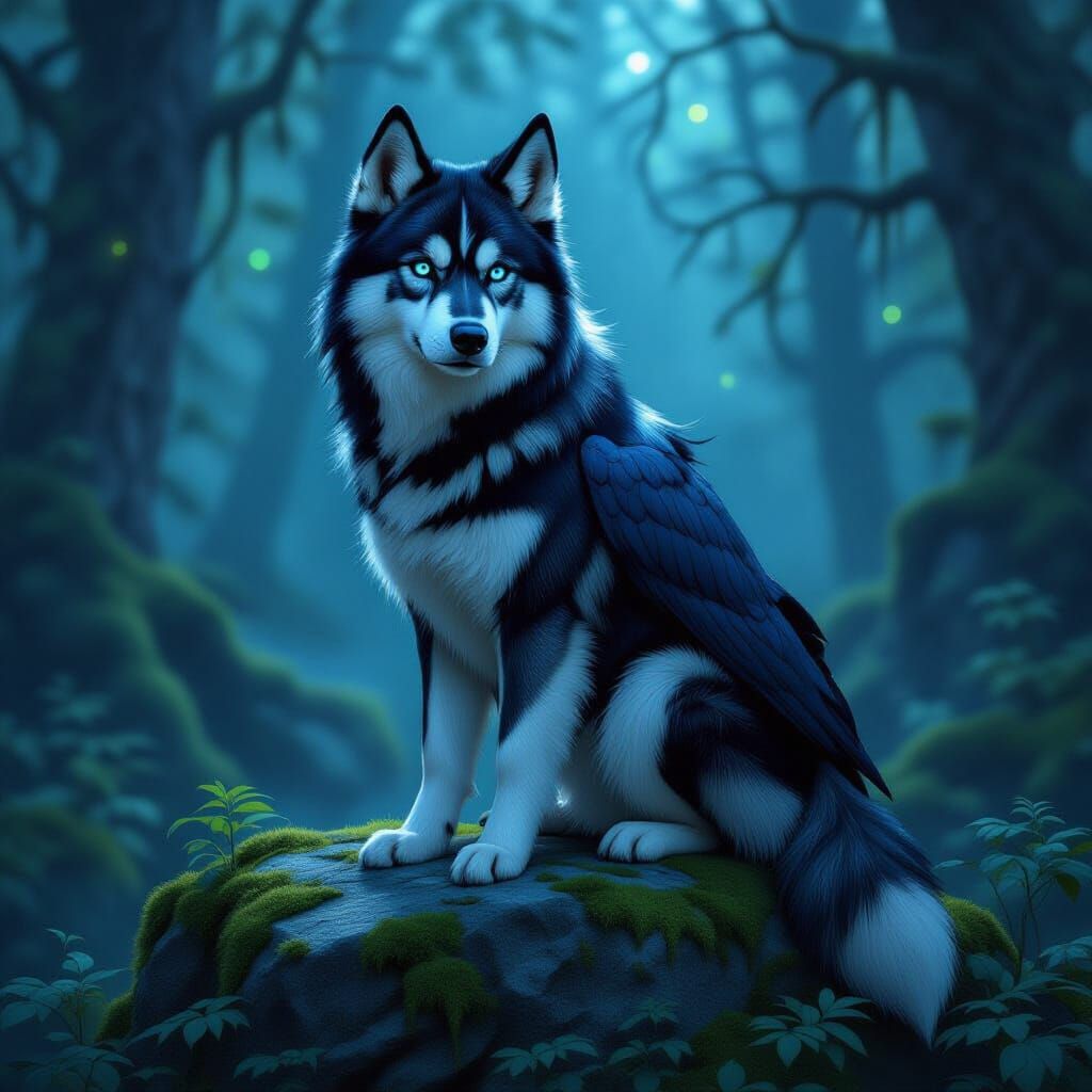 Mystical Husky-Raven Hybrid in Twilight Forest