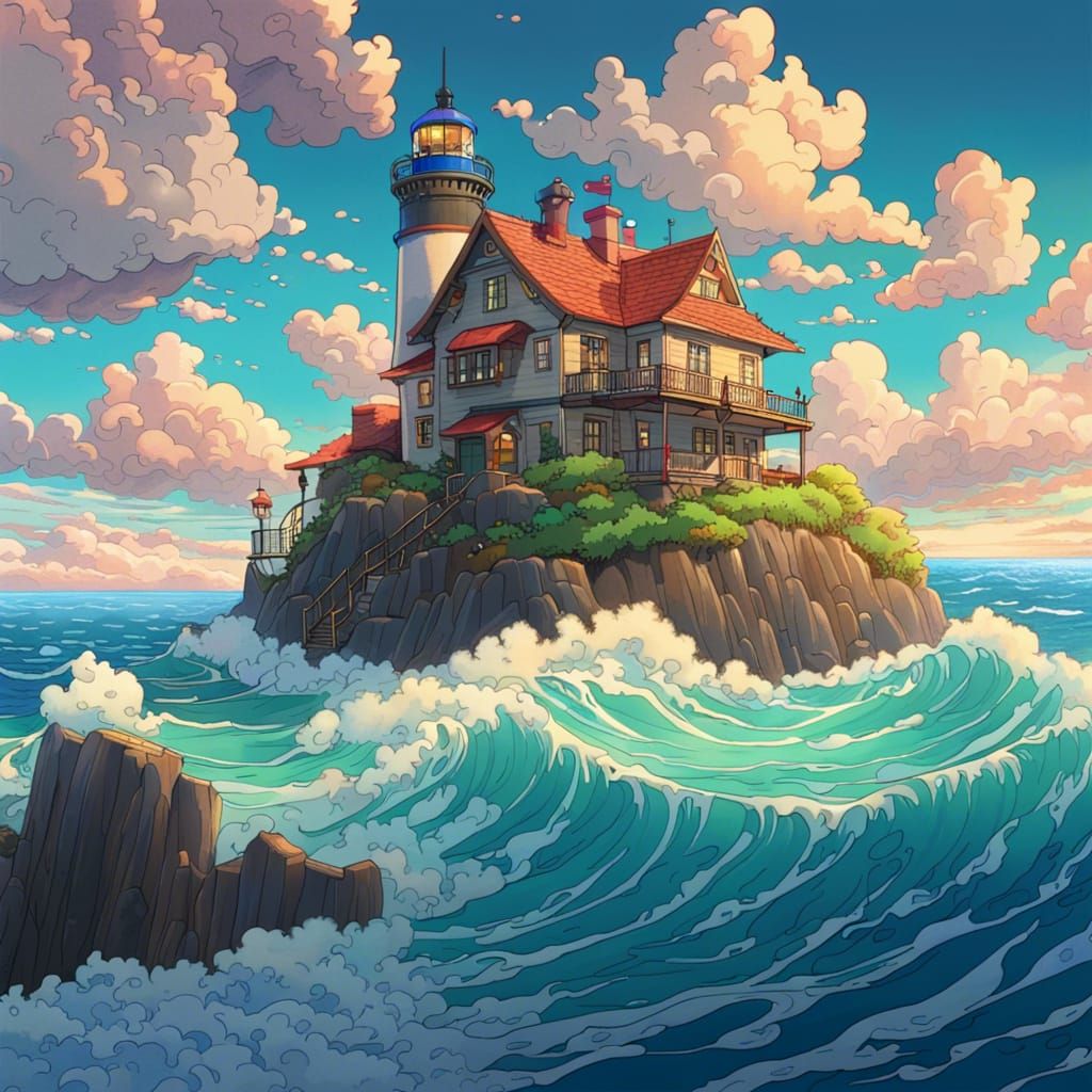 Ghibli-Style Lighthouse and House Amidst Ocean Waves