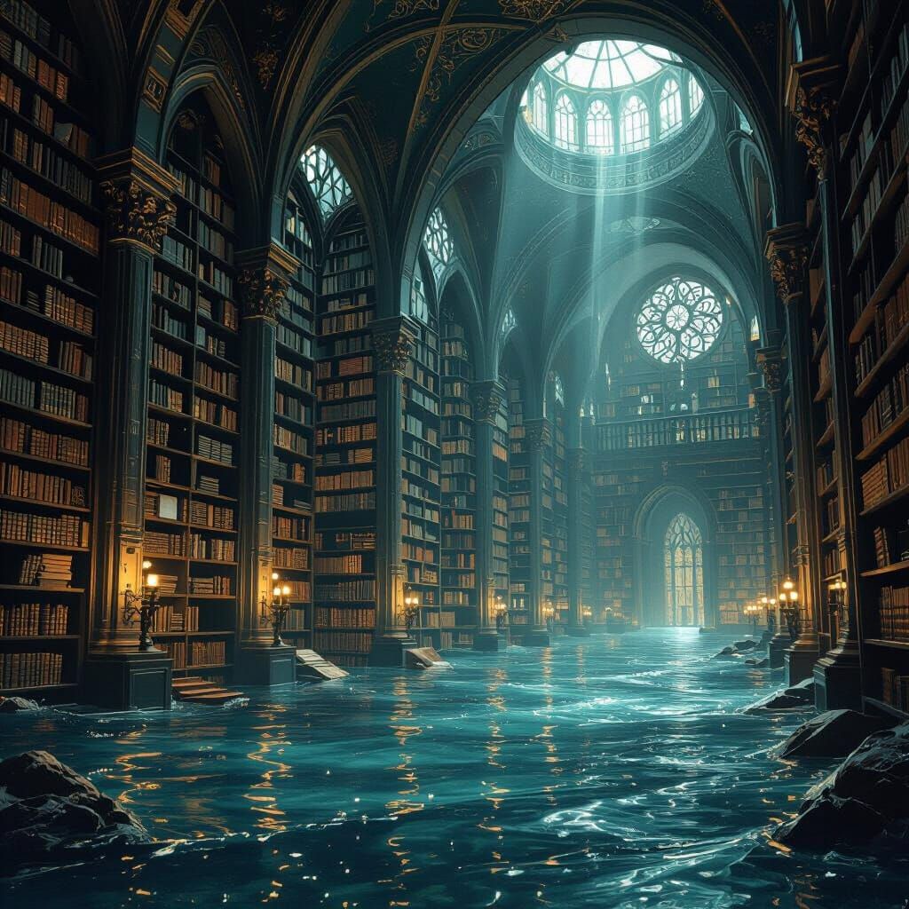 Submerged Gothic Library with Art Nouveau Details