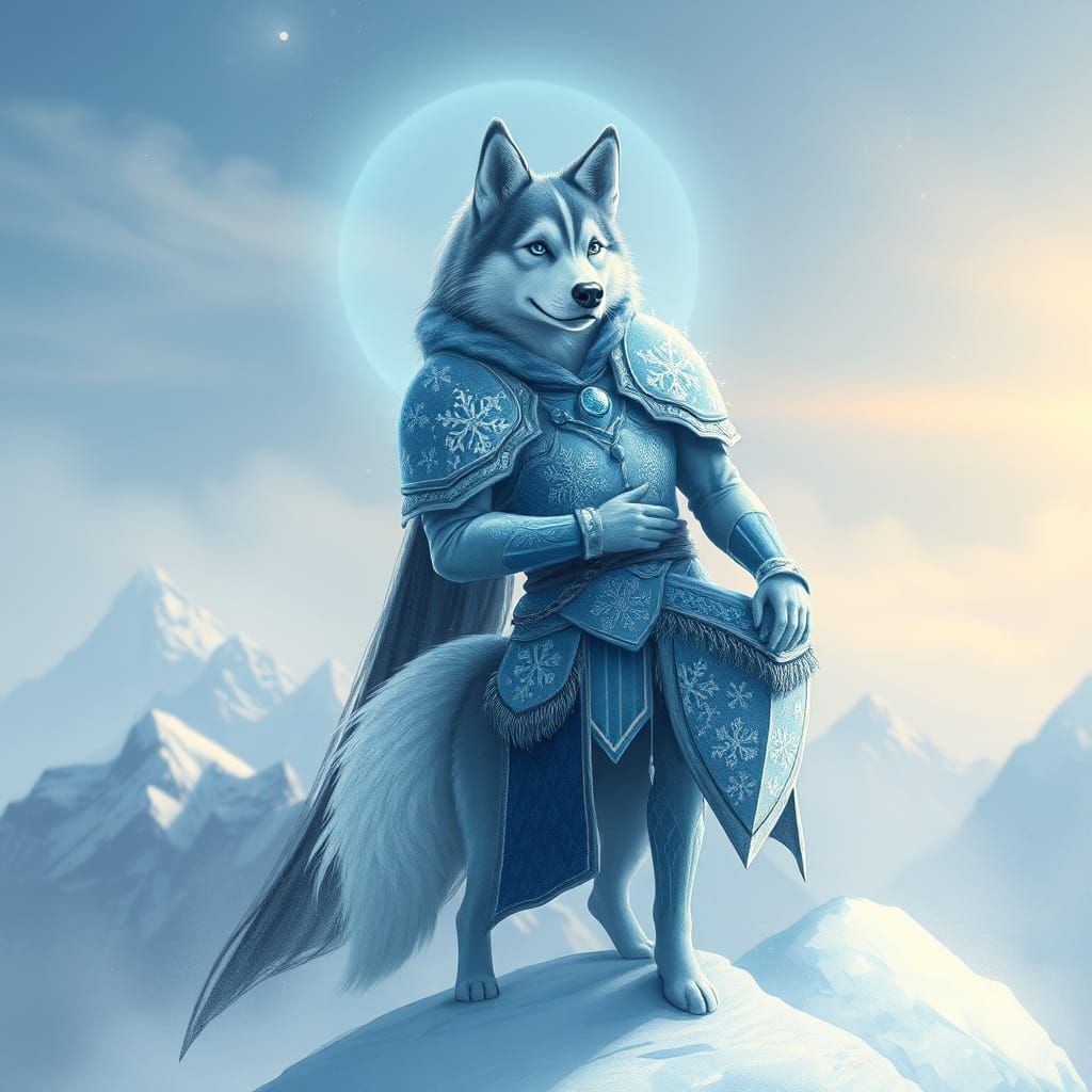 Ethereal Husky Goddess in Frosty Blue Armor on Misty Mountai...