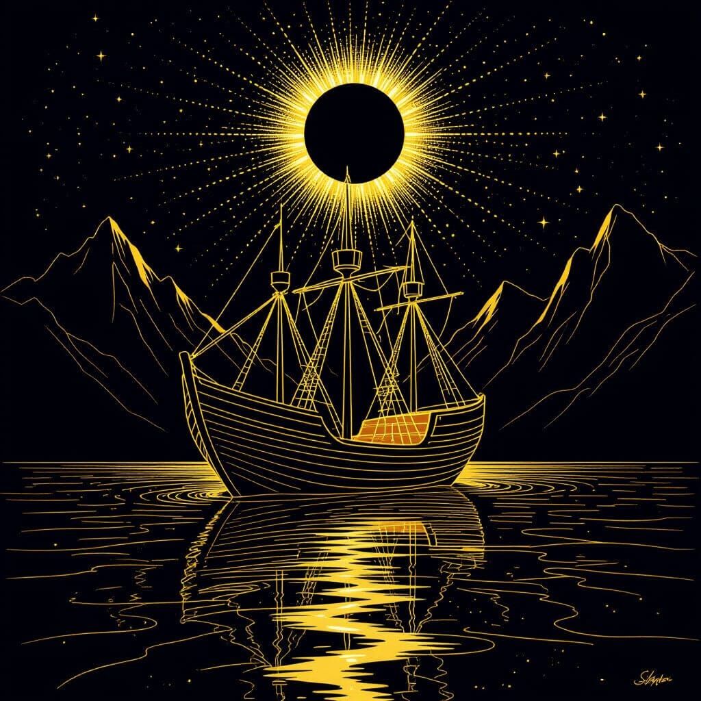 Golden Ship on Reflective Beach in Chiaroscuro Style
