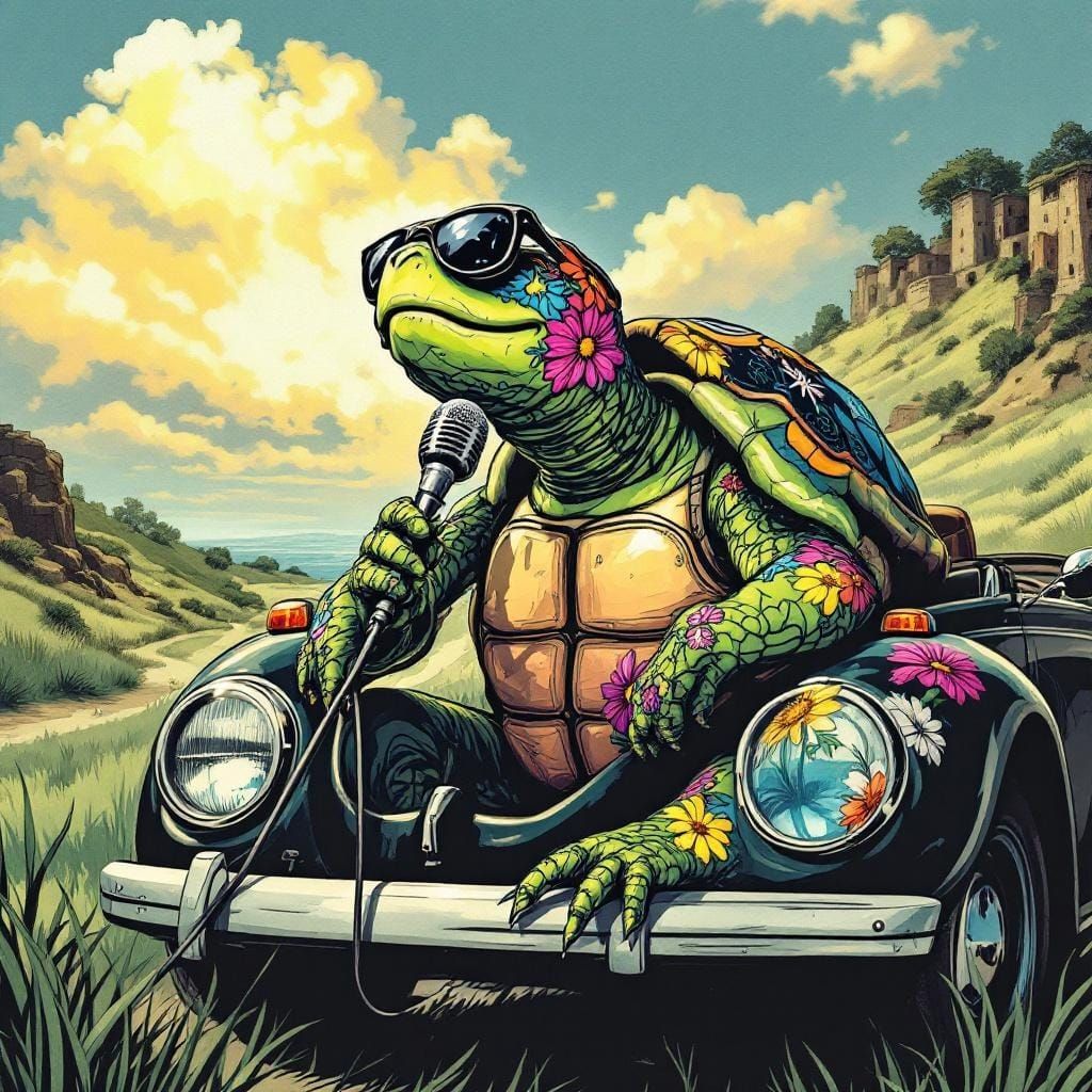 Turtle Drives Flower Power VW Beetle: Comic Art