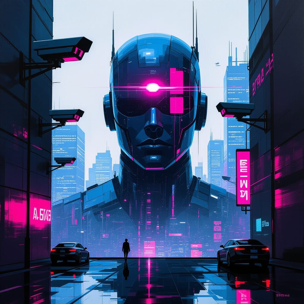 Dystopian Cyberpunk Headquarters at Midnight in Glitch Art