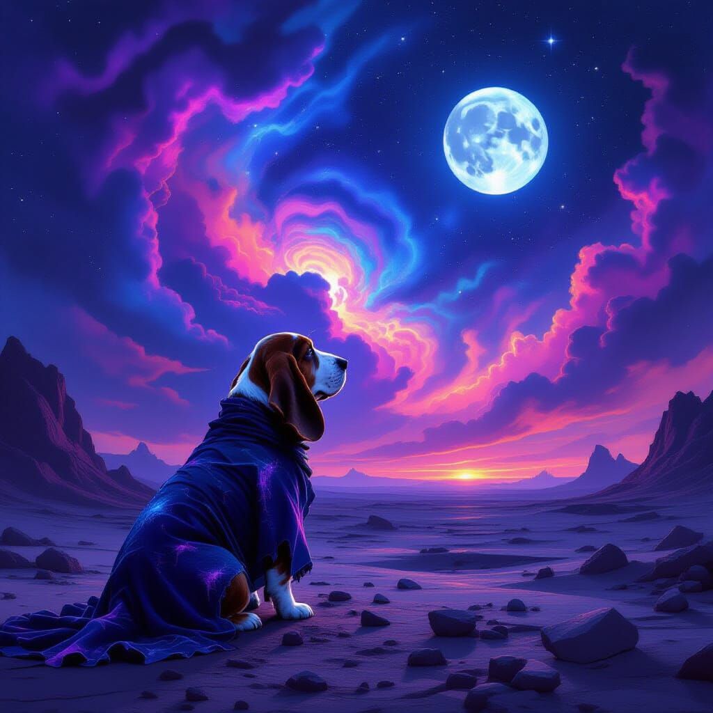 Basset Hound on Alien Planet Gazing at Nebula Oil Painting
