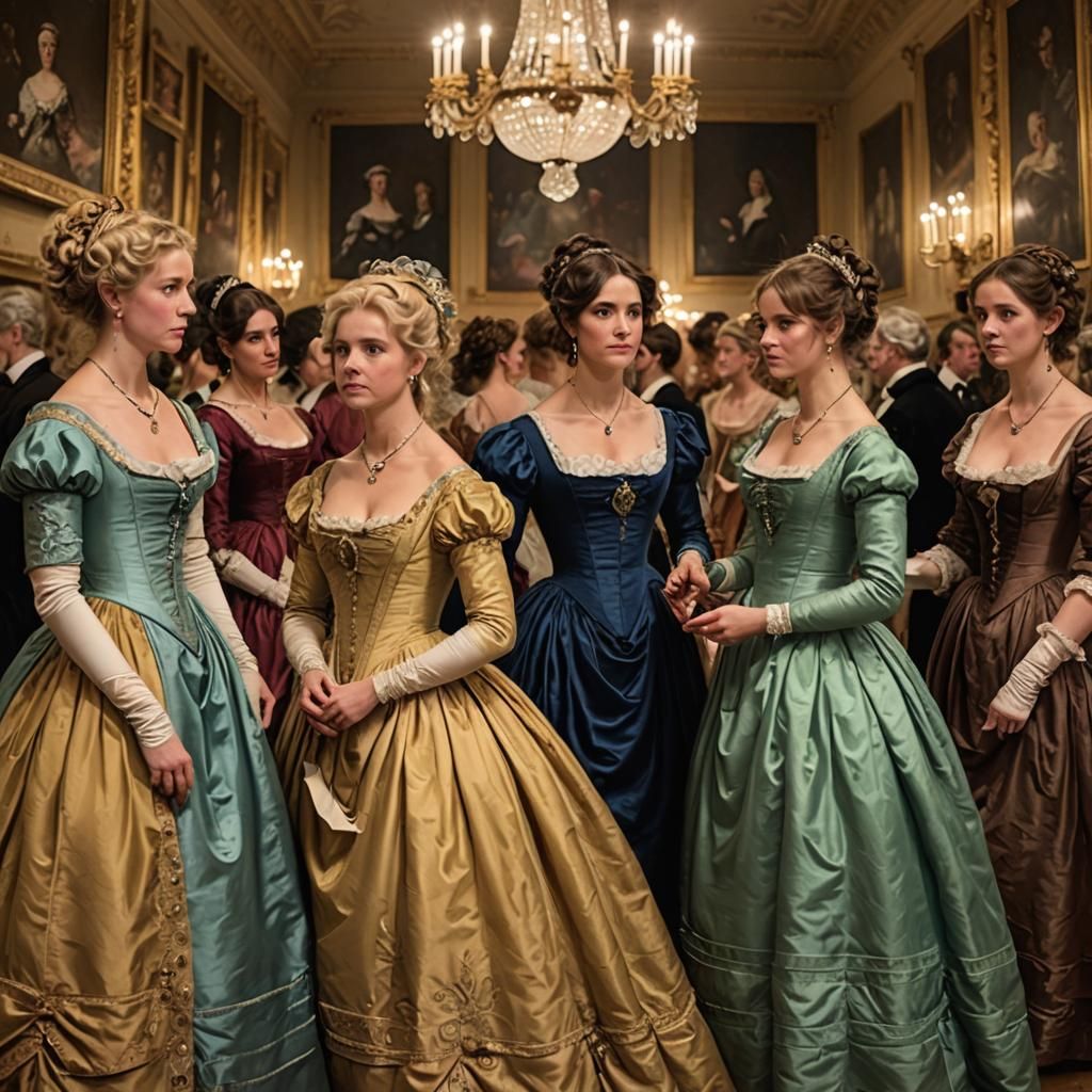 Regency Era Ball: Blonde and Brunette Women Viewing Art