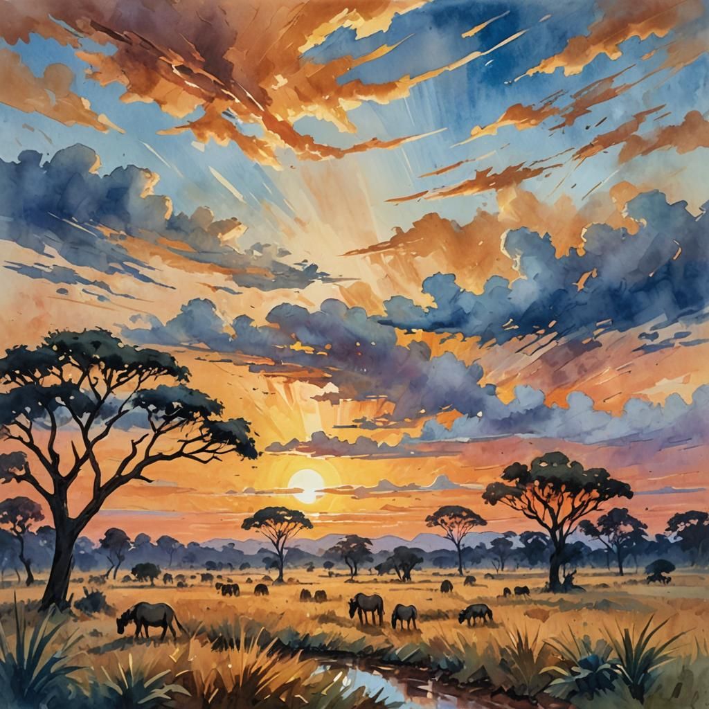 African Sunset: Impressionist Gouache Painting