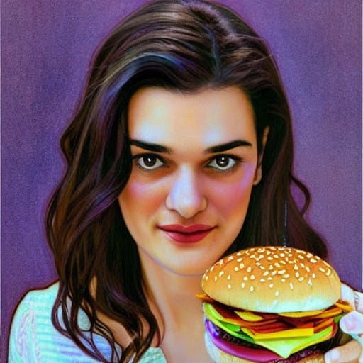 Rachel Weisz with Lisa Frank Hamburger, Pointillist Portrait