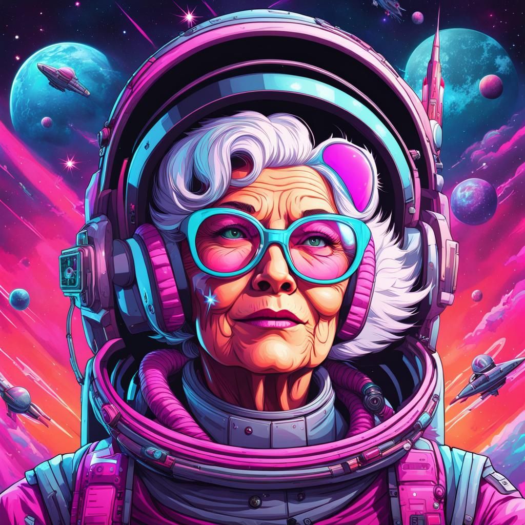 Cyborg Grandma in Space with Cat, Synthwave Art