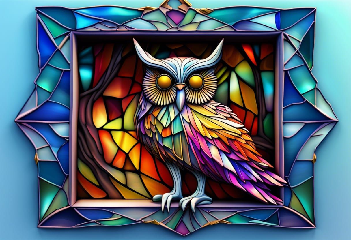 Whimsical Owl in a Kaleidoscope of Glass