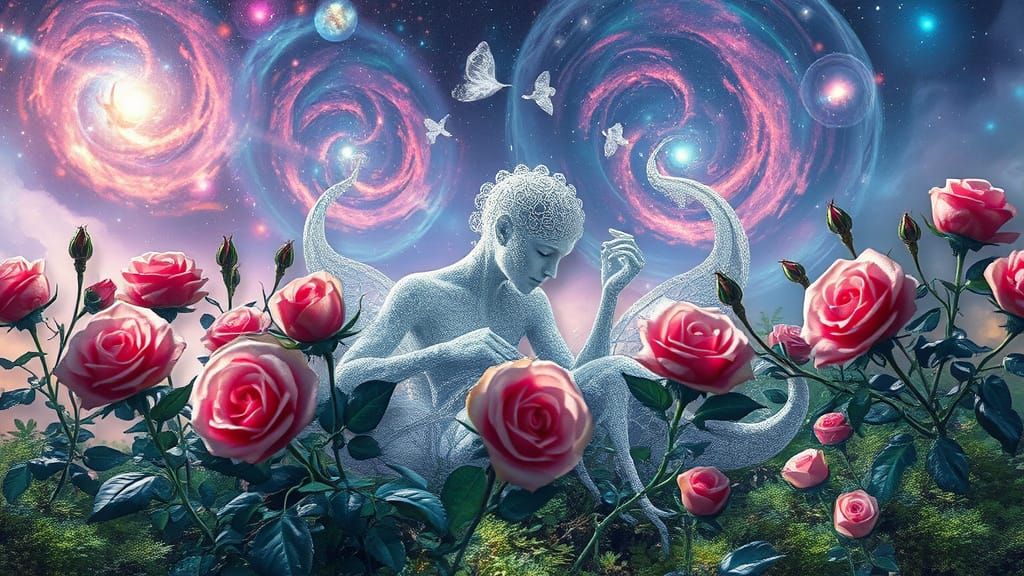 Ethereal Filigree Being Surrounded by Roses in Bio-Art