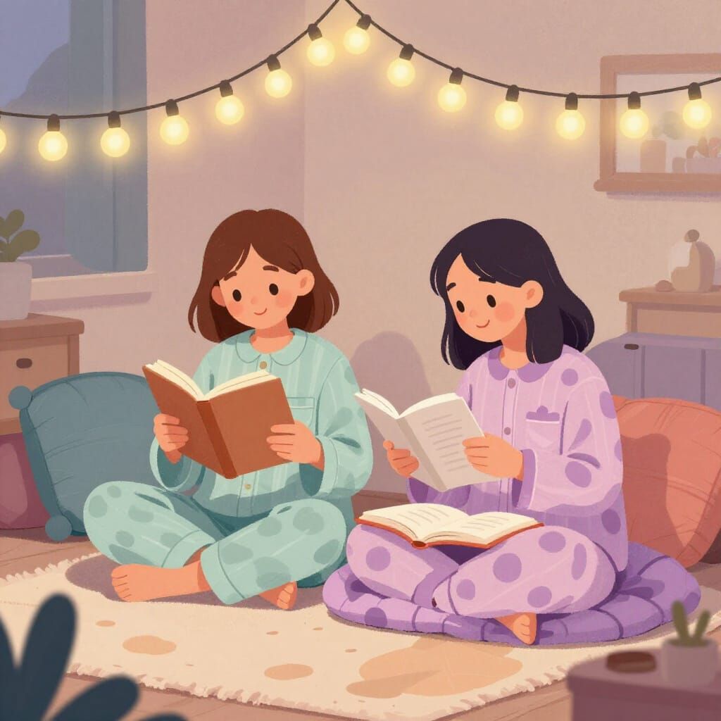 Girls Enjoying Pajama Party with Books and Art