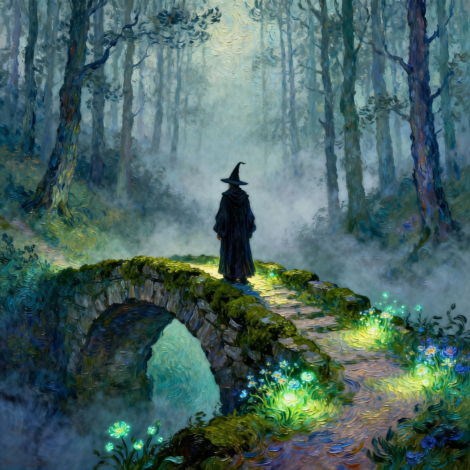 Wizard on Ancient Bridge Overlooking Foggy Forest in Van Gog...