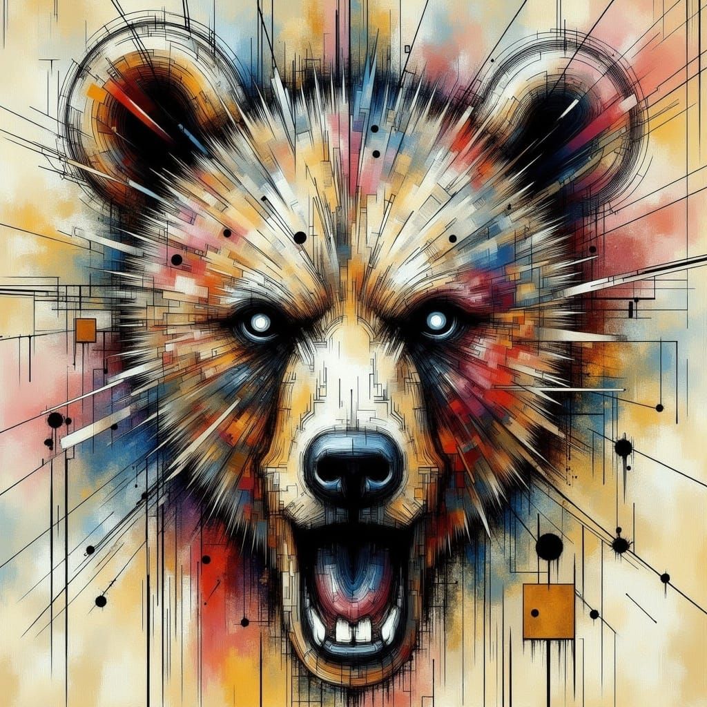 Anguished Grizzly Bear: Abstract Mixed Media Portrait