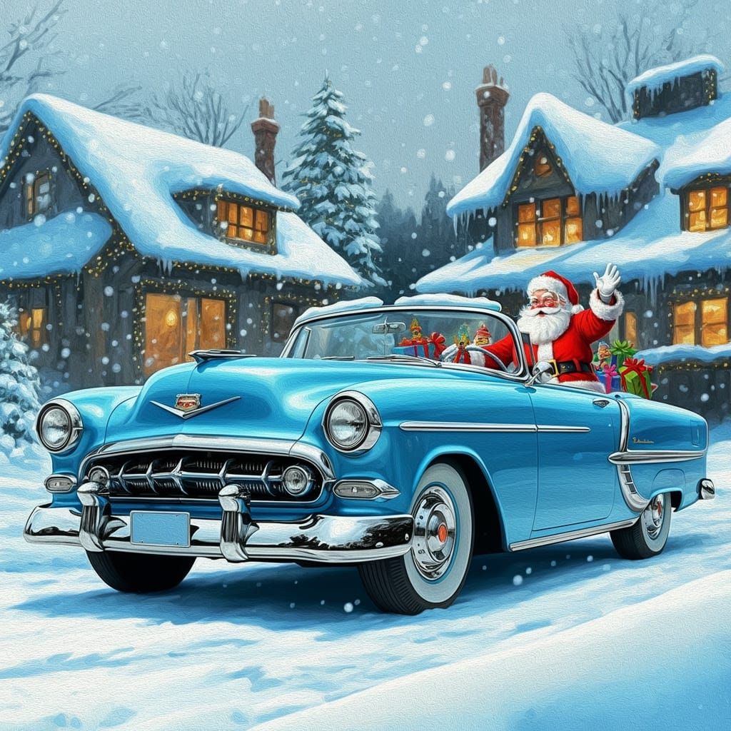Santa Claus in Vintage Light Blue Convertible, Winter Wonder...