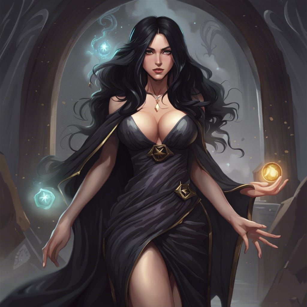 Sorceress with Black Hair and Long Dress