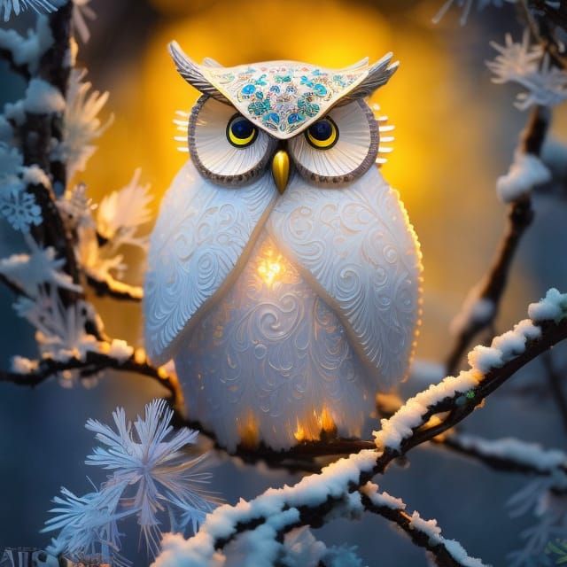 Ornate Floral Owl with Snowflakes in Hyperrealism