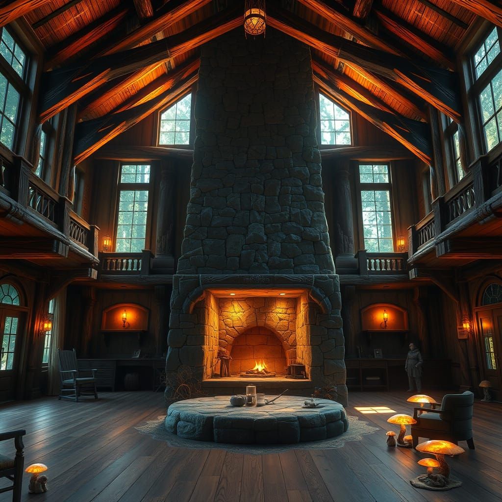 Whimsical Timber Frame Great Room with Majestic River Stone ...