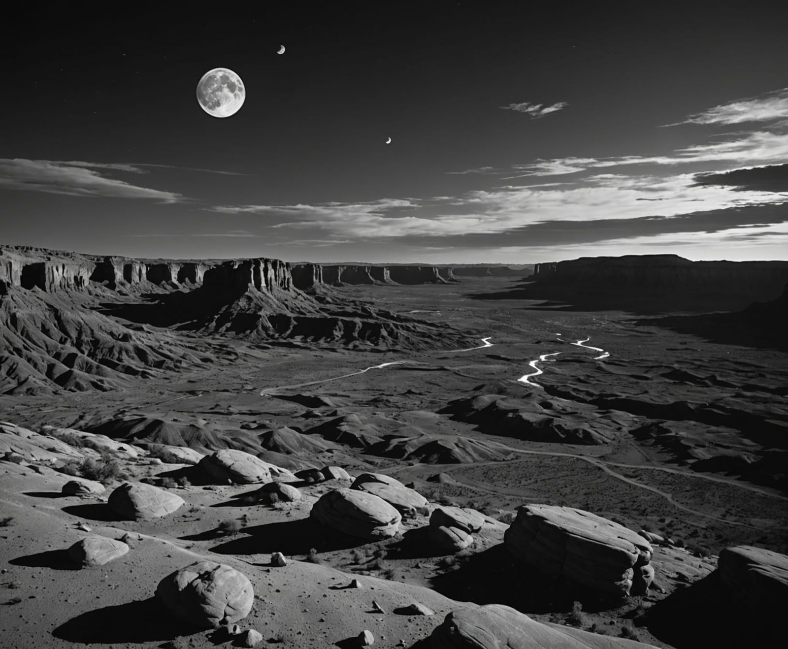 Dramatic Desert Moonrise in High Contrast Black and White