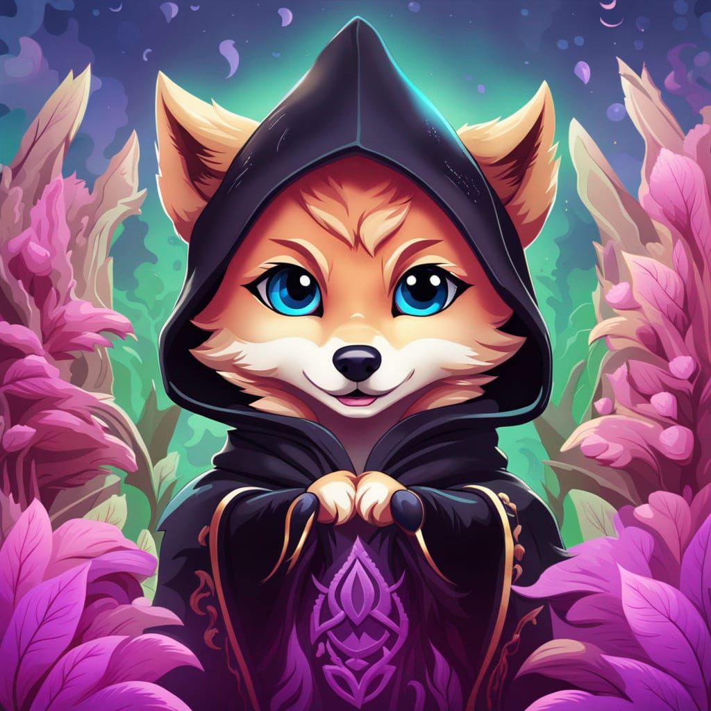 Cute Wolf Sorceress in Black Cloak, Chibi Art