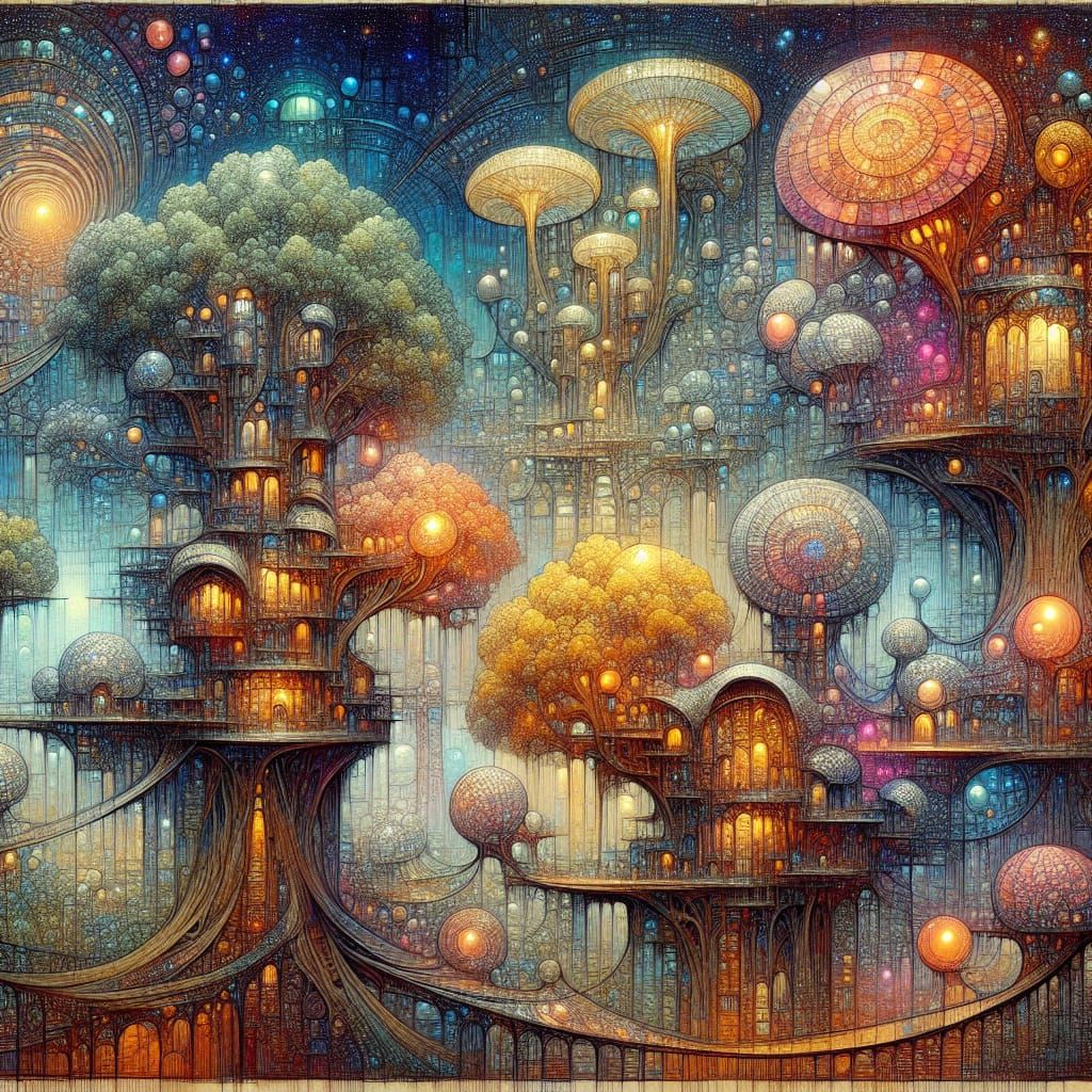 Steampunk Tree Village with Art Nouveau Bridges