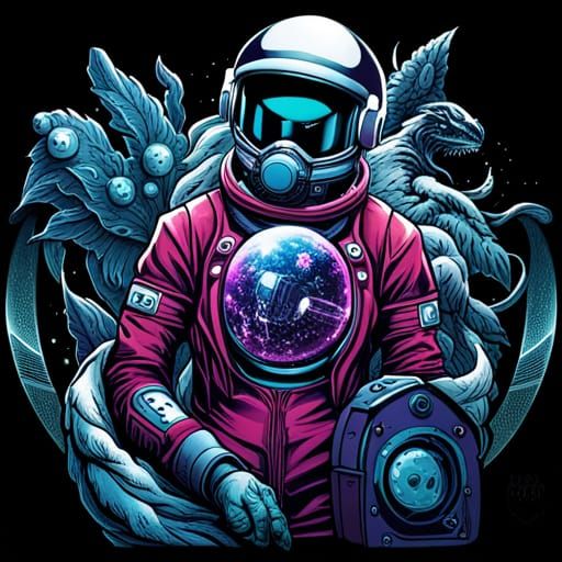 Cyberpunk Astronaut T-Shirt Design with Purple Crystals