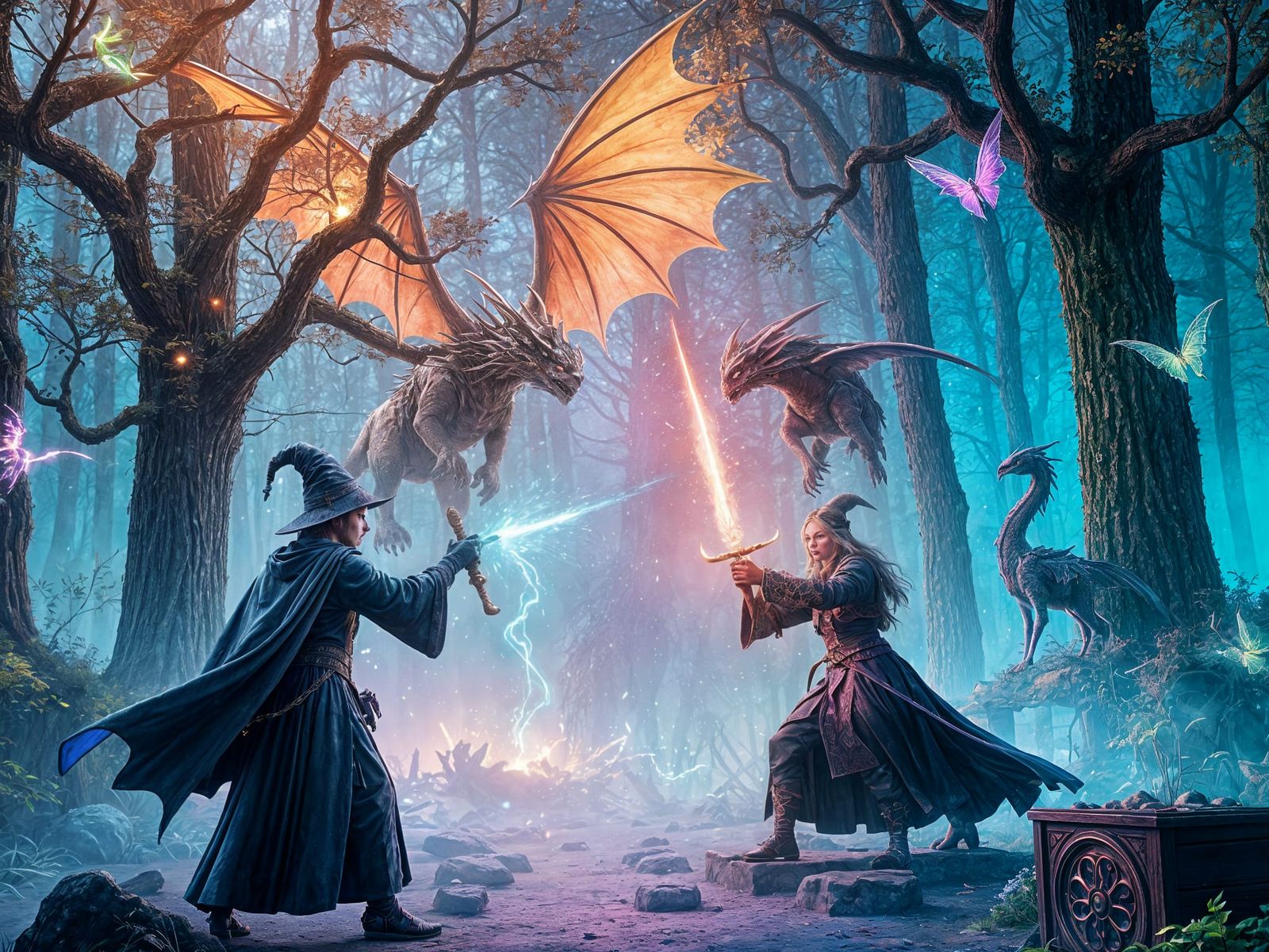 Epic Wizard Battle in Hyper-Realistic Fantasy Landscape