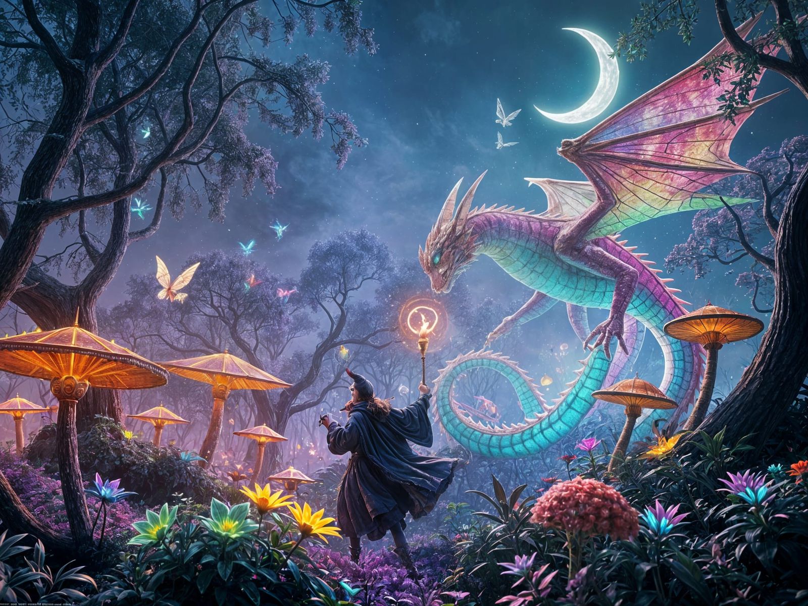 Epic Neon Wizard Battle in Psychedelic Fantasy