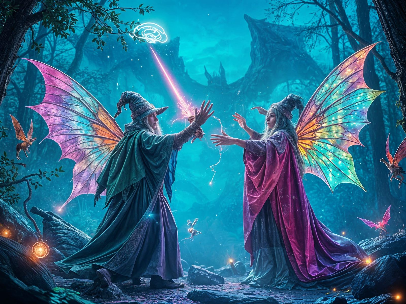 Epic Fairy Wizard Battle in Psychedelic Colors