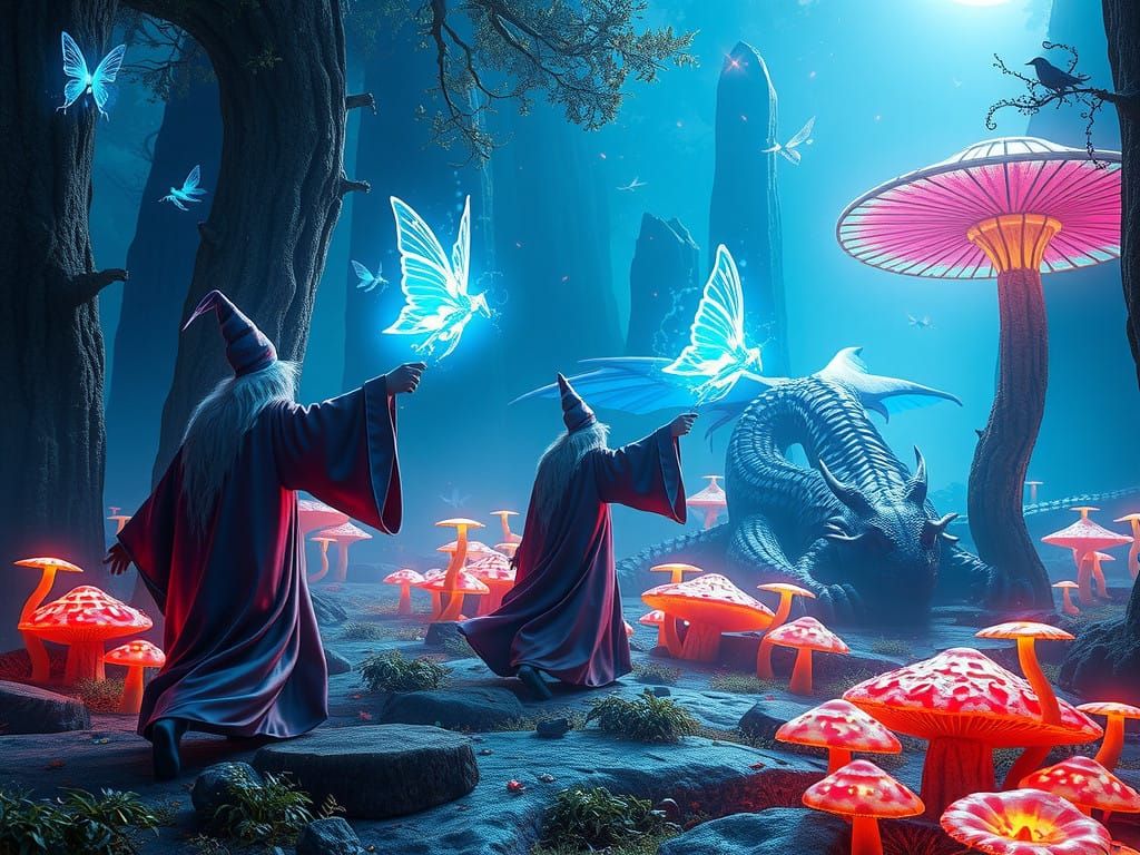 Wizards Battle with Electric Energy in Enchanted Forest