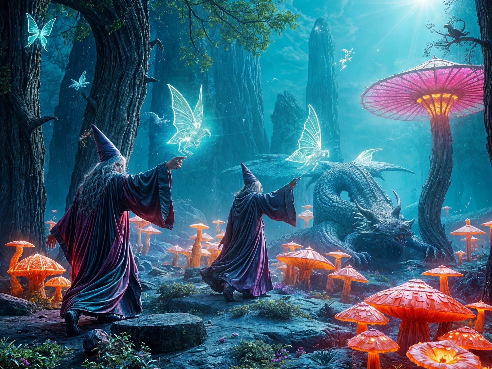 Epic Wizard Battle with Neon Rainbow Colors