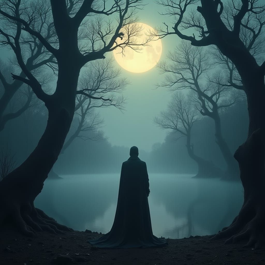 Contemplative Figure at Moonlit Lake in Cinematic Style