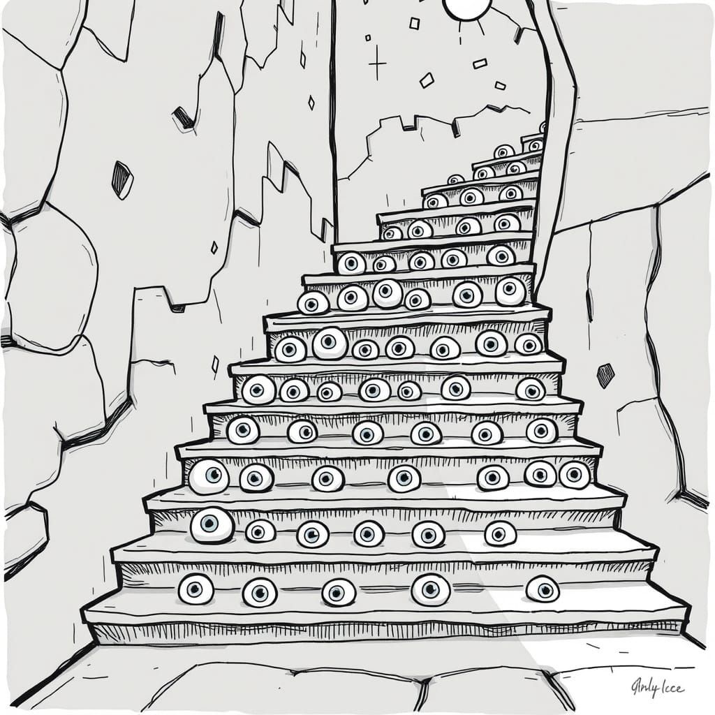 Cartoon Staircase with Carved Eyeball Drawings