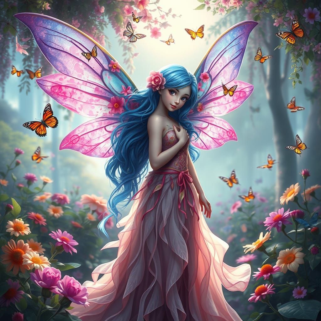 A magical fairy with vibrant blue hair and delicate wings adorned with flowers stands amidst a lush, colorful garden, su...