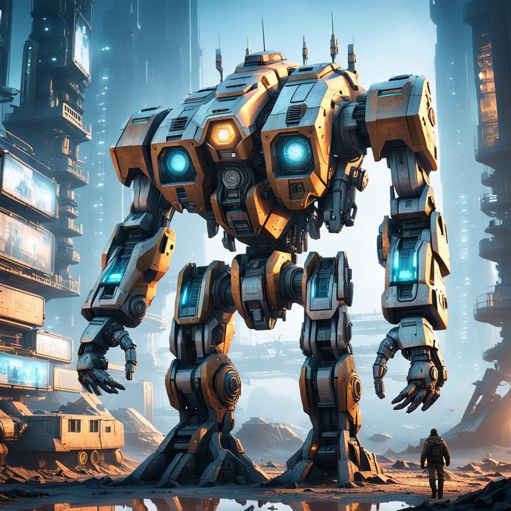 Futuristic Mech on Snowy Terrain in Sci-Fi Illustration