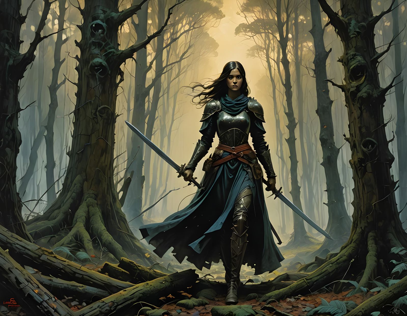 Forest Princess with Sword in Dramatic Fantasy Art Style