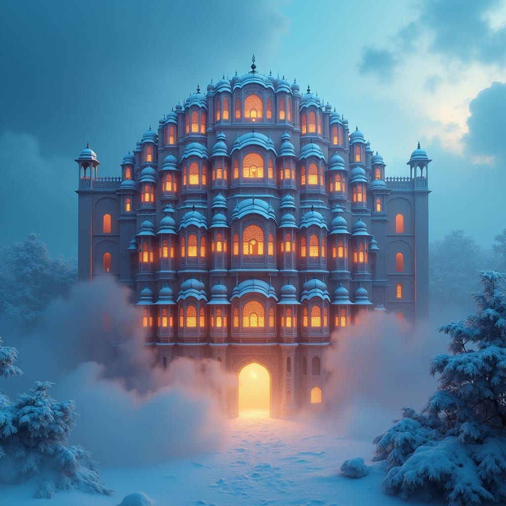 Snowy Jaipur Hawa Mahal in Dreamy Blue Fog